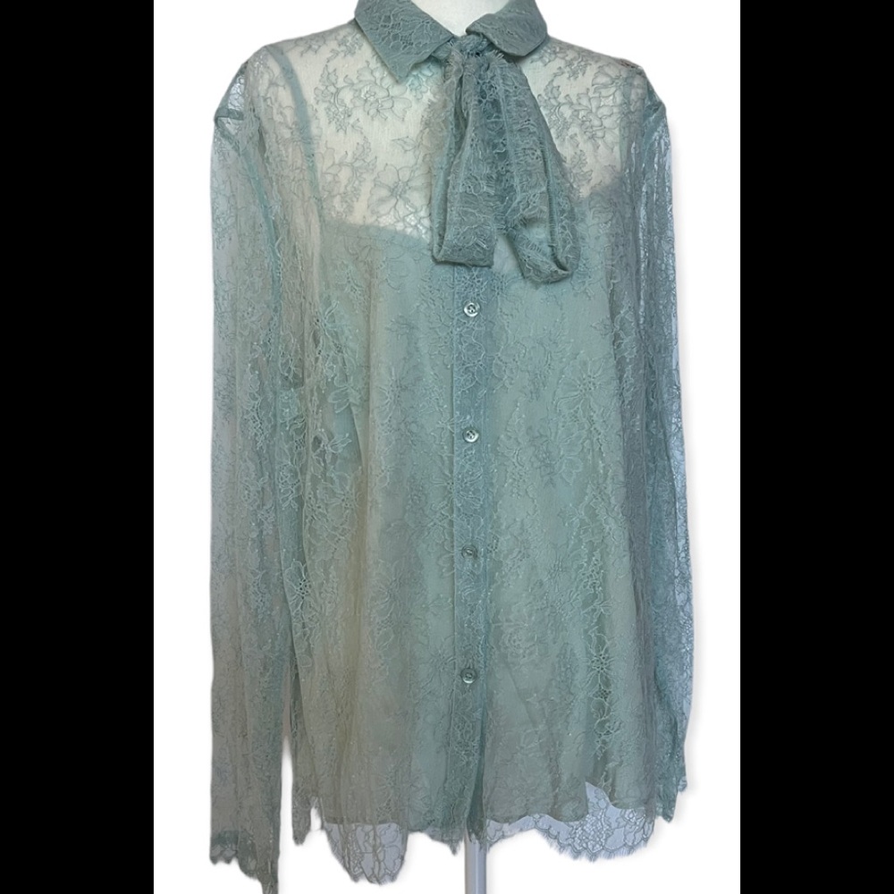 Escada Pale Teal Lace Bow Blouse